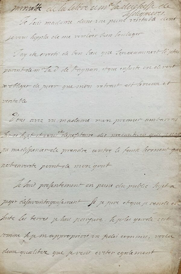 Deux longues lettres du duc du Maine au sujet de son conflit avec la duchesse de Saint-Aignan sur la possession de certaines terres