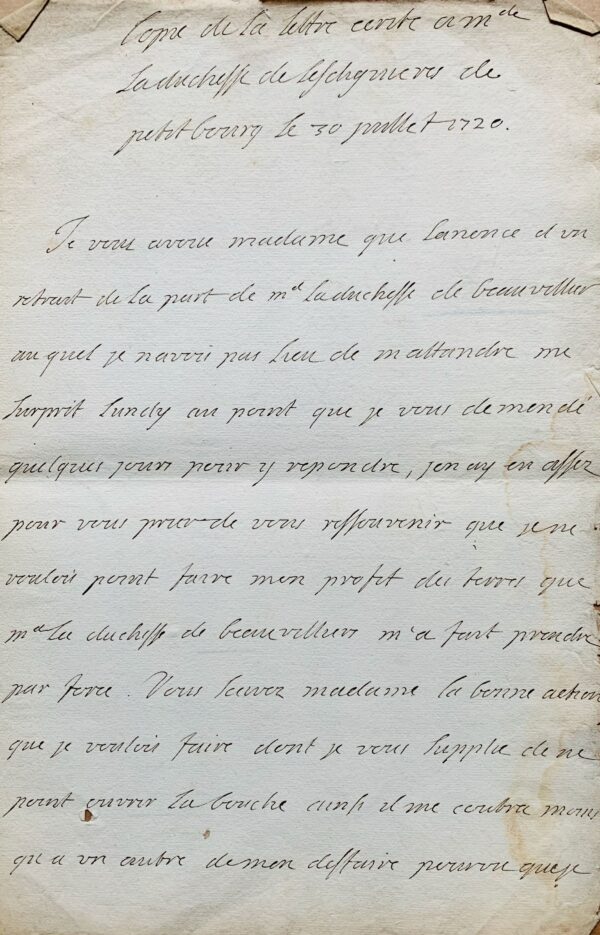 Deux longues lettres du duc du Maine au sujet de son conflit avec la duchesse de Saint-Aignan sur la possession de certaines terres