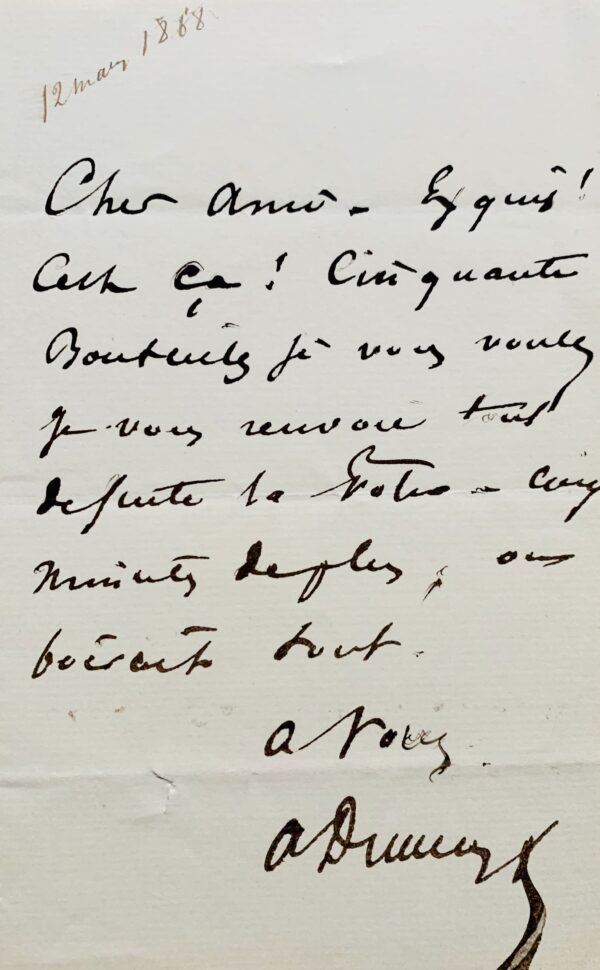 Enthousiaste billet d'Alexandre Dumas fils, avec belle signature