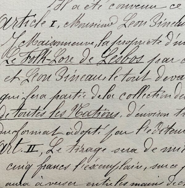 Contrat d'édition du Folklore de Lesbos de Léon Pineau