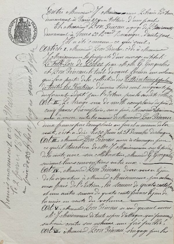 Contrat d'édition du Folklore de Lesbos de Léon Pineau