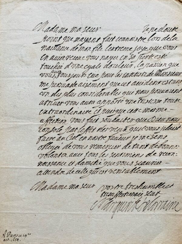 Marguerite de Lorraine annonce le décès de son fils Jean-Gaston d'Orléans