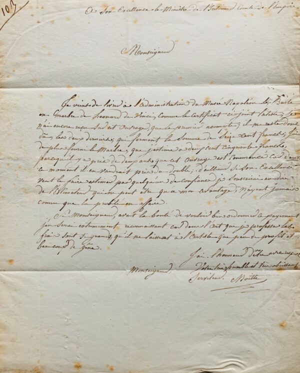 Le sculpteur Jean-Guillaume Moitte réclame le paiement de son buste de Léonard de Vinci pour le Musée Napoléon