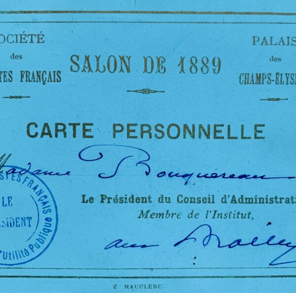 Deux cartes d'entrée aux Salons de 1889 et 1891 pour madame Bouguereau