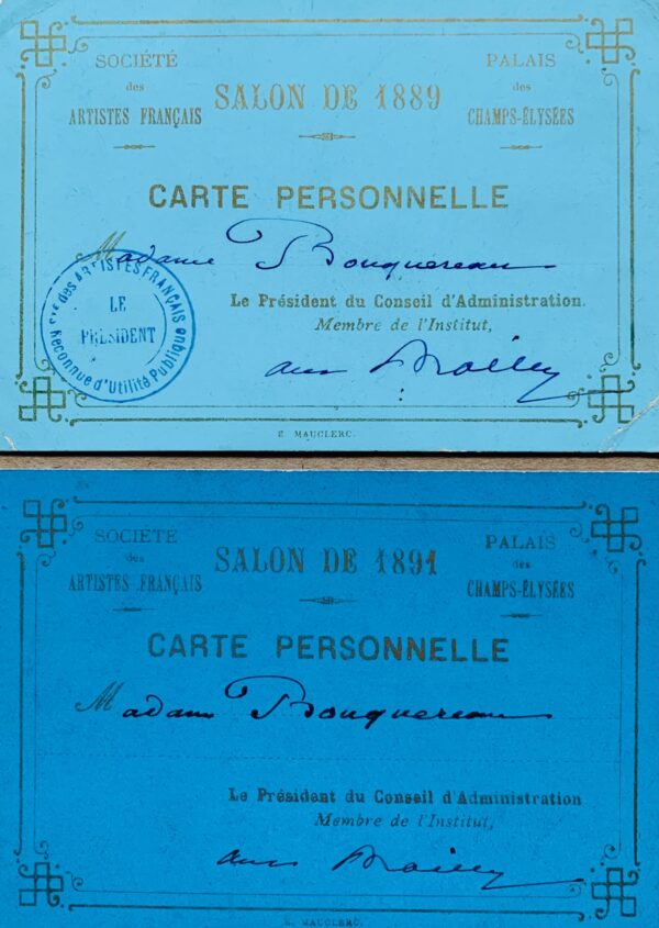 Deux cartes d'entrée aux Salons de 1889 et 1891 pour madame Bouguereau
