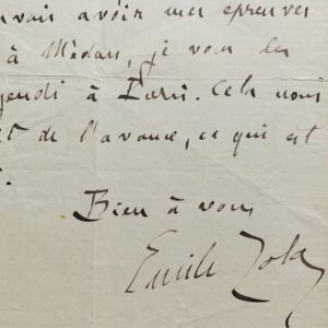 Belle lettre d'Émile Zola sur la publication de Pot-Bouille