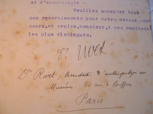 Dr Paul Rivet. Lettre du Muséum d'Histoire Naturelle.