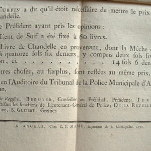 Fixation du prix du suif et de la chandelle à Angers.