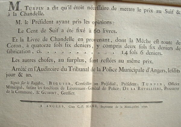 Fixation du prix du suif et de la chandelle à Angers.