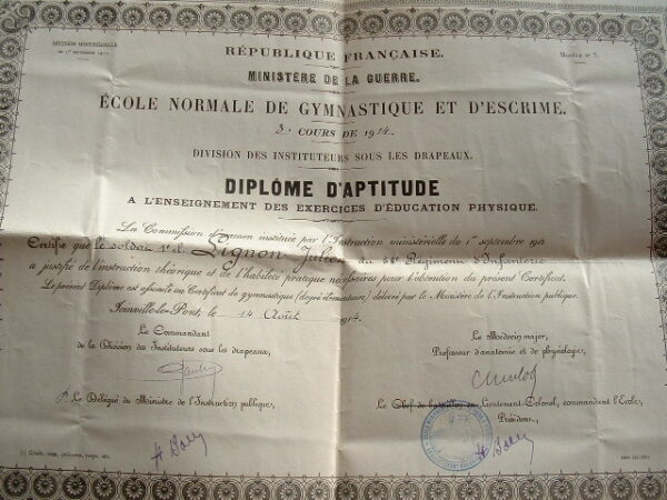 Diplôme pour l'enseignement de la gymnastique et de l'escrime.