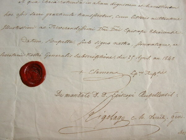 L'Evêque de la Rochelle atteste l'authenticité de la relique de Saint-Eutrope.