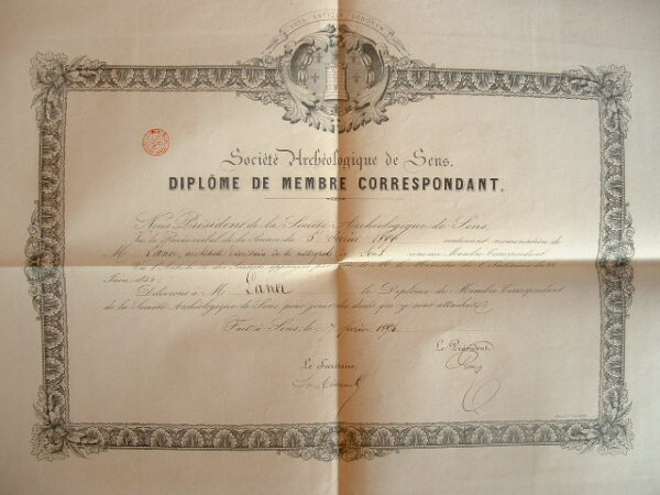 Diplôme de la Société Archéologique de Sens.