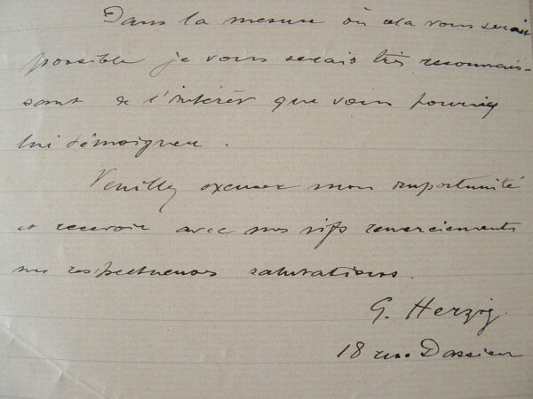 G. Herzig. Lettre de recommandation pour un typographe.