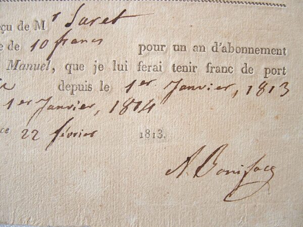 Alexandre Boniface. Reçu pour un abonnement.