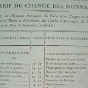 Valeur des monnaies d'or et d'argent en 1814.