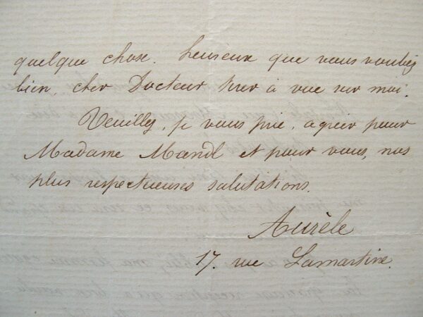 Aurèle. Lettre professionnelle et amicale.