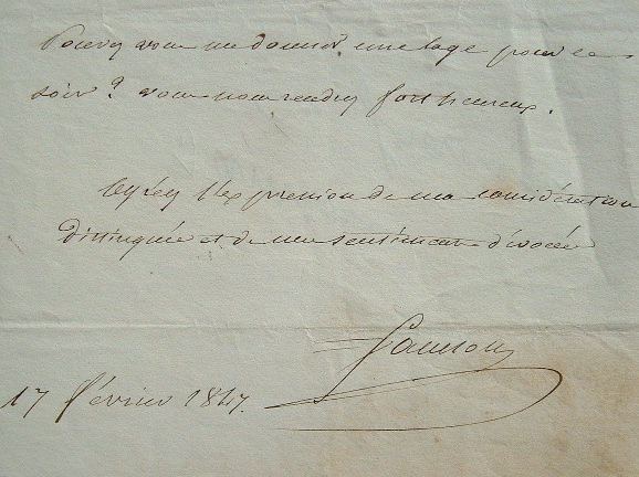 Joseph Isidore Samson. Billet autographe signé.