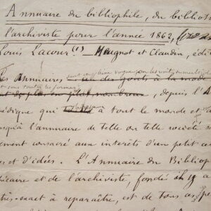 Article manuscrit sur l'Annuaire du bibliophile de 1862.