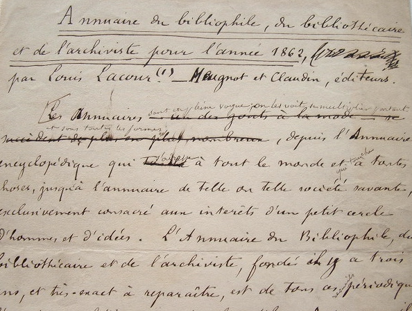 Article manuscrit sur l'Annuaire du bibliophile de 1862.
