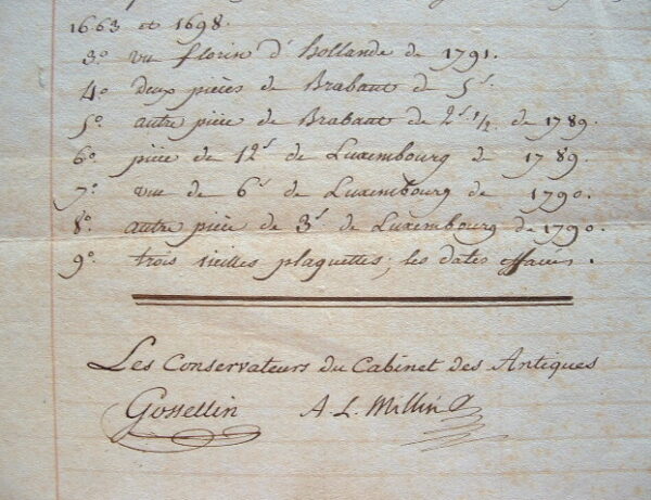 Gossellin et Millin réceptionnent des monnaies pour le Cabinet des Antiques.