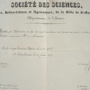 Diplôme de la Société des Sciences, Arts et Belles-Lettres de Saint-Quentin.