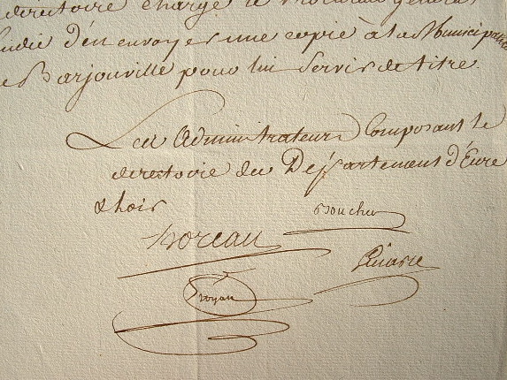 Lettre signée des administrateurs du directoire d'Eure-et-Loir, en 1791.