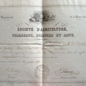 Diplôme de la Société d'agriculture de Haute-Saône.