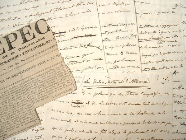 Manuscrit d'un long article de Clemenceau sur la visite du Tsar Nicolas II.