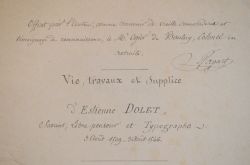 Biographie manuscrite inédite de l'imprimeur supplicié Estienne Dolet.