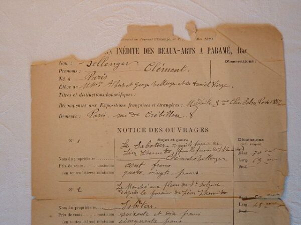 Clément Bellenger. Bordereau d'une exposition-vente de 1884.