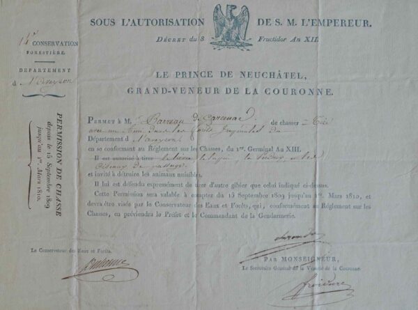 Le grand veneur Berthier accorde un droit de chasse dans l'Aveyron.