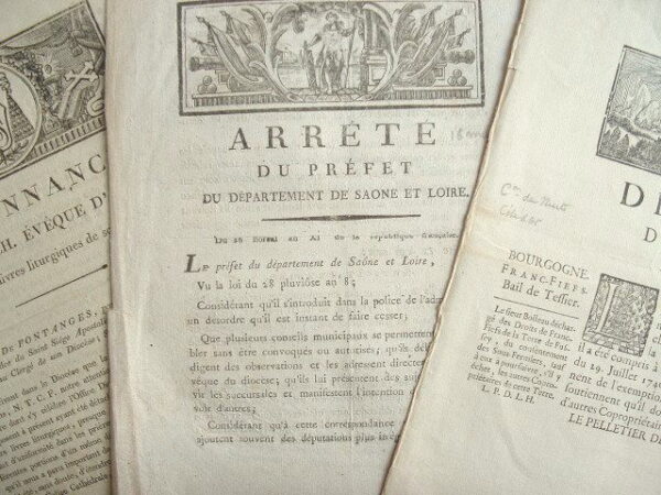 Saône-et-Loire. Lot de 7 documents imprimés. XVIII et XIXe.