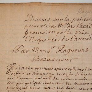 Manuscrit du Discours de la patience de l'Abbé Raguenet, présenté à l'Académie en 1687.